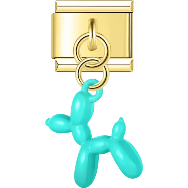 Gold Italian charm dangle with a light blue balloon dog figurine hanging from two gold rings.
